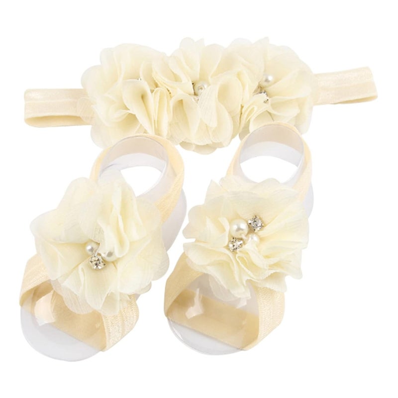 Ldcx Baby girls infant crochet butterfly headbands and knitted flower barefoot sandals.(BBFJ3) (Beige) - Image 1